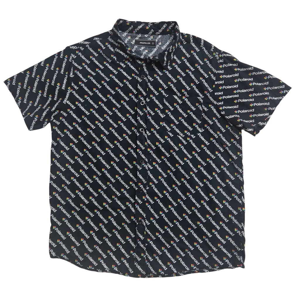 Propeller Polaroid Logo Print Short Sleeve Button Down Shirt Mens Large Black